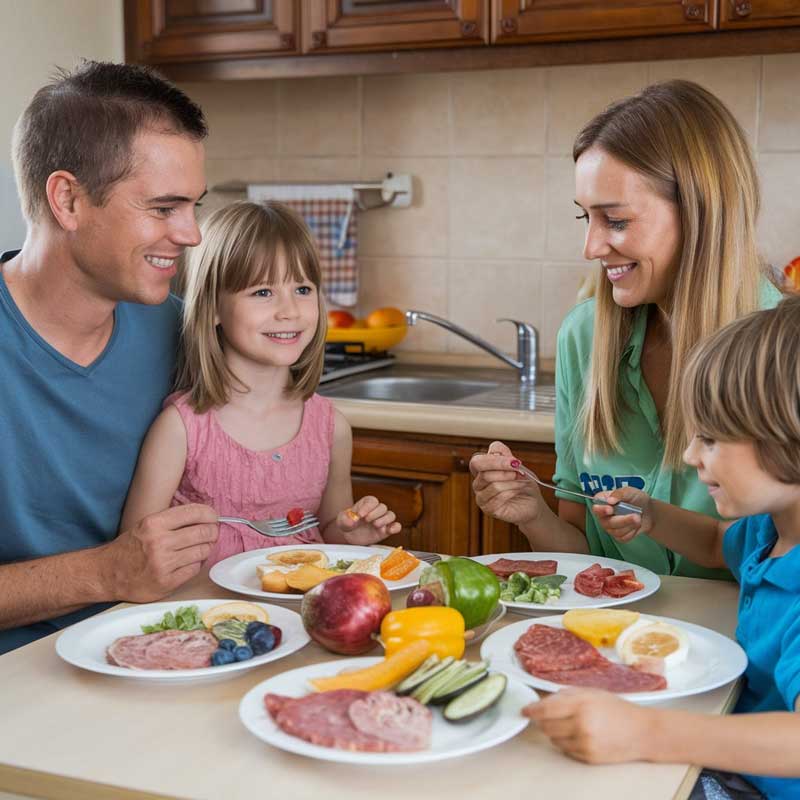 Family sitting around a table eating healthy foods.